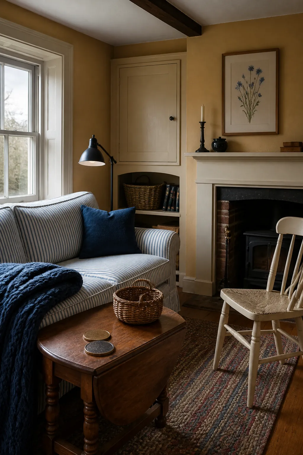 BEHR Beehive ochre living room with blue textiles and walnut