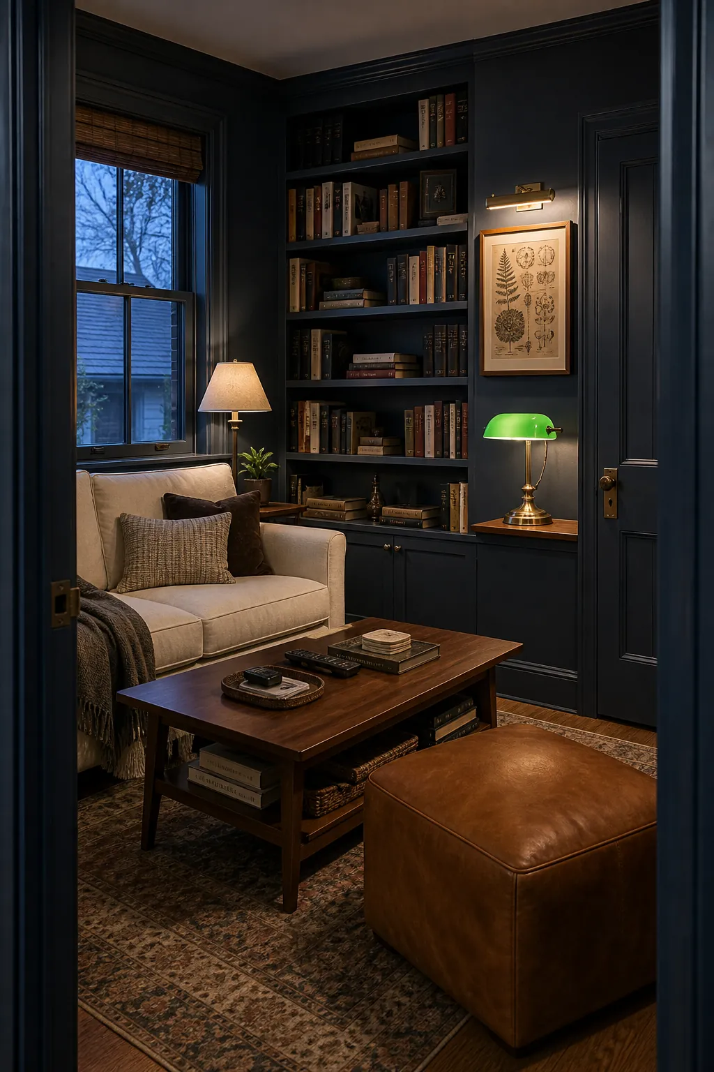 BEHR Nocturne Blue library living room with pale seating