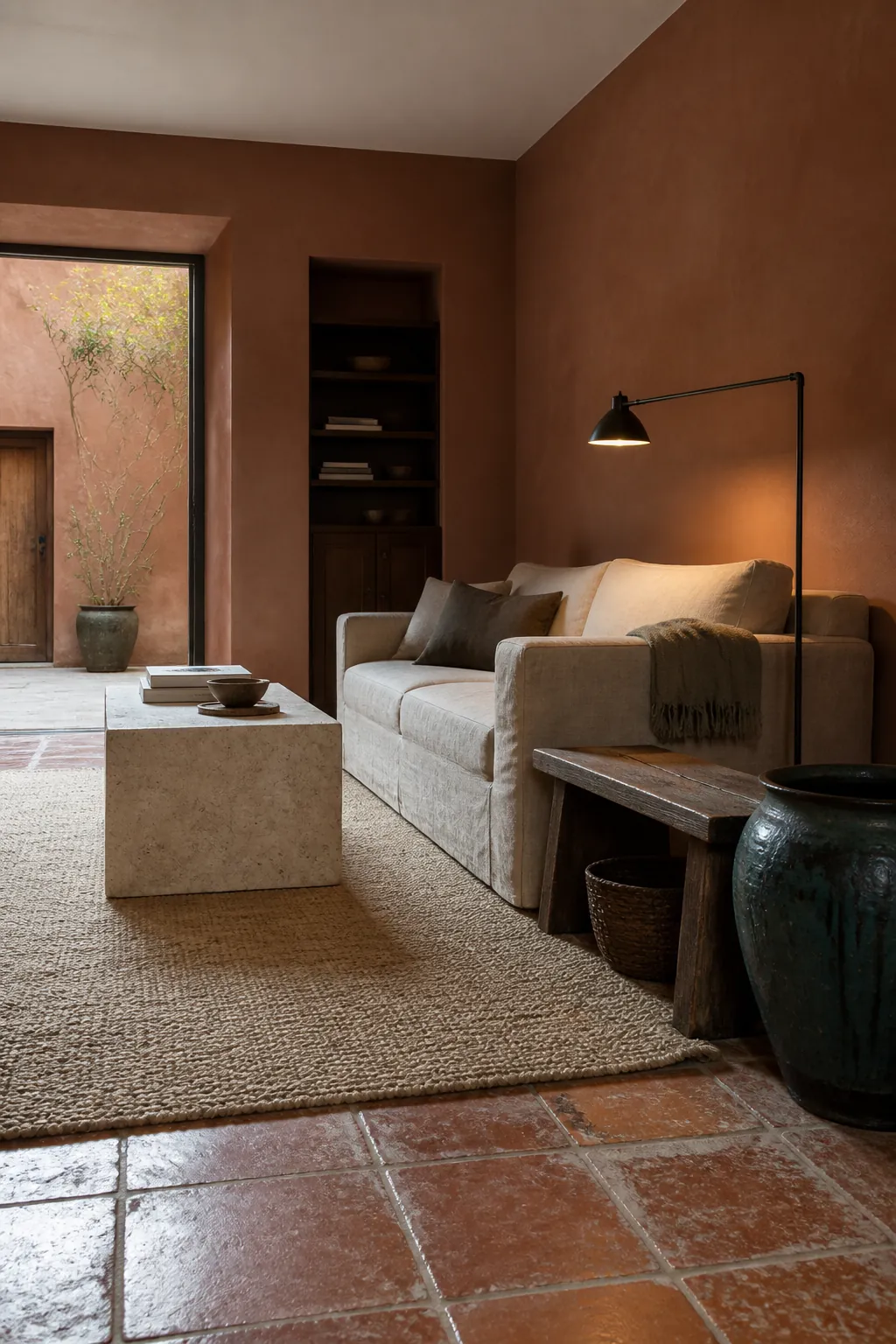 BEHR Terra Cotta Urn living room with limestone and flax
