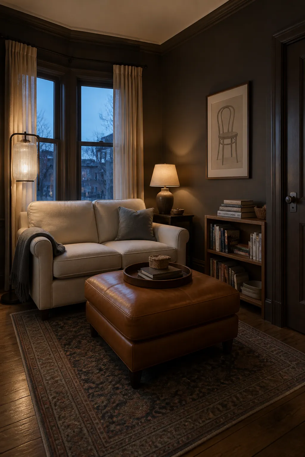BEHR Baronial Brown living room with cream upholstery and walnut