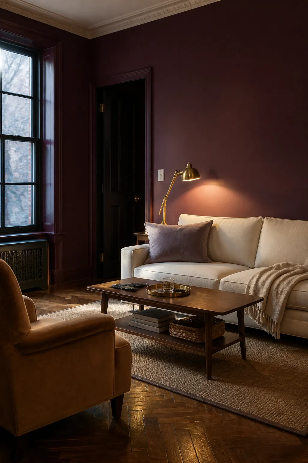 BEHR Curtain Call wine living room with cream camel and walnut