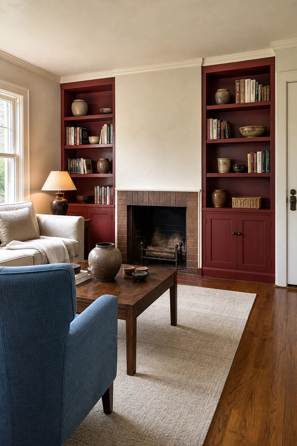 BEHR Rumors ruby red built-ins with parchment and walnut