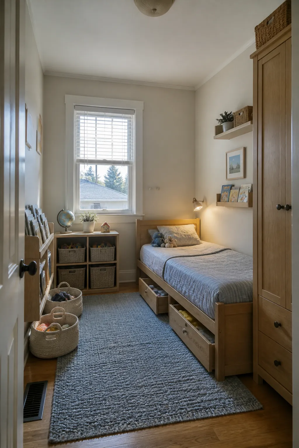 Practical small child bedroom with open floor space and reachable storage