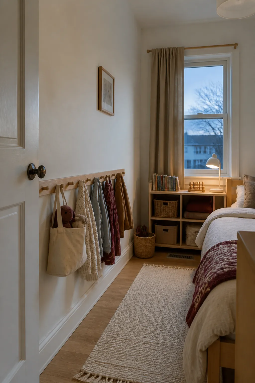Mount a Peg Rail at Their Height in a practical small child bedroom