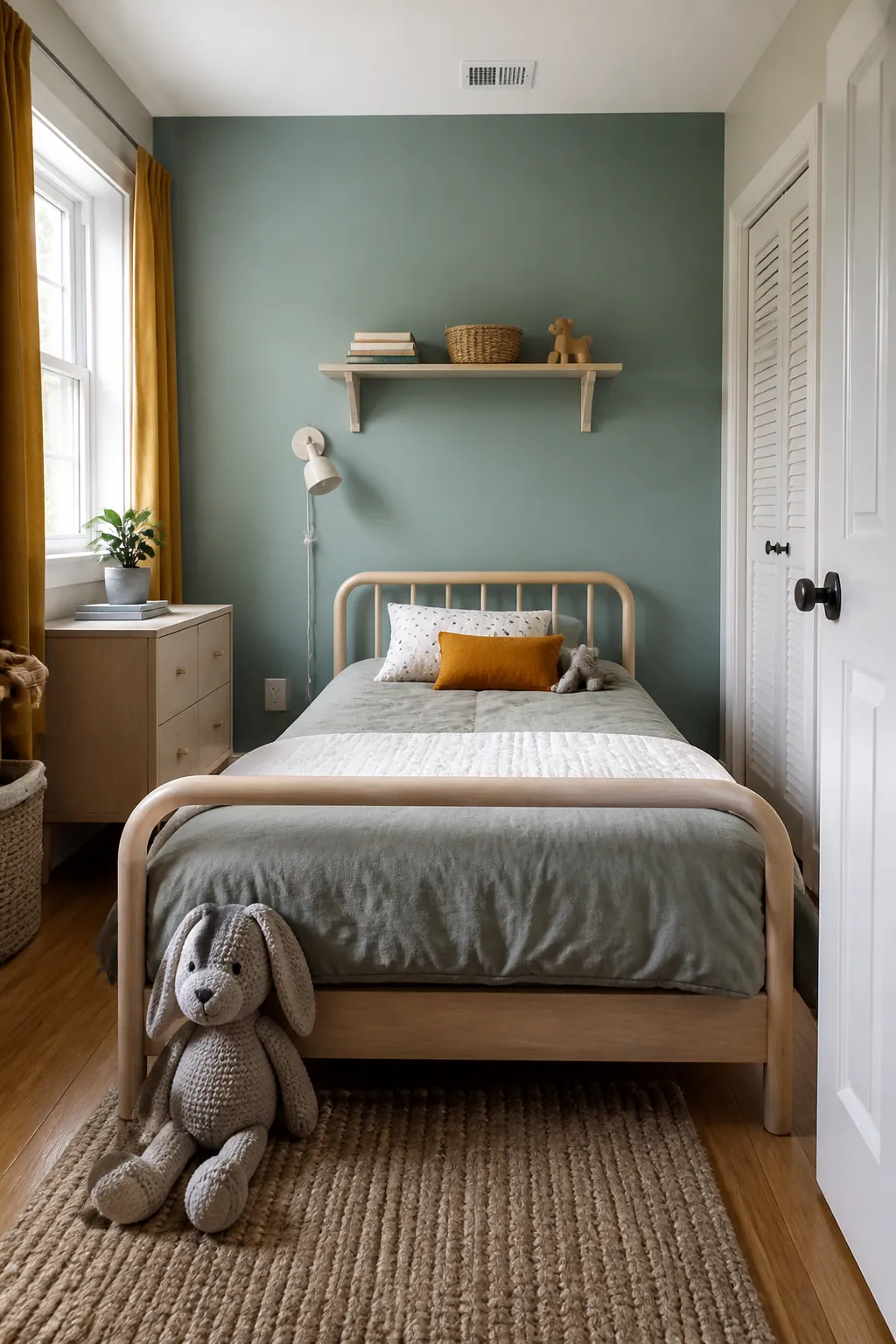 Give One Wall a Calm Color in a practical small child bedroom