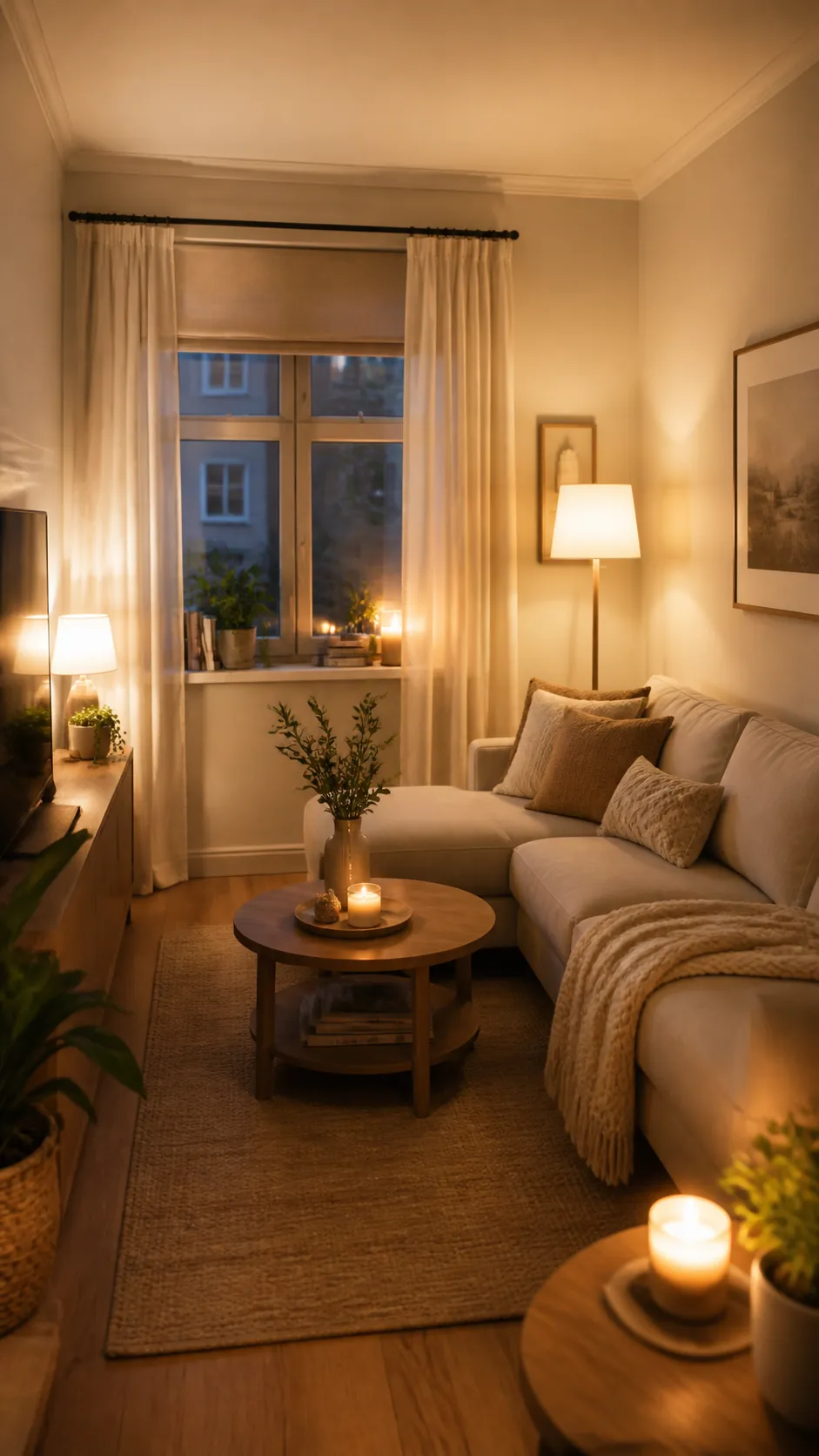 Warm layered lighting making a small living room feel cozy