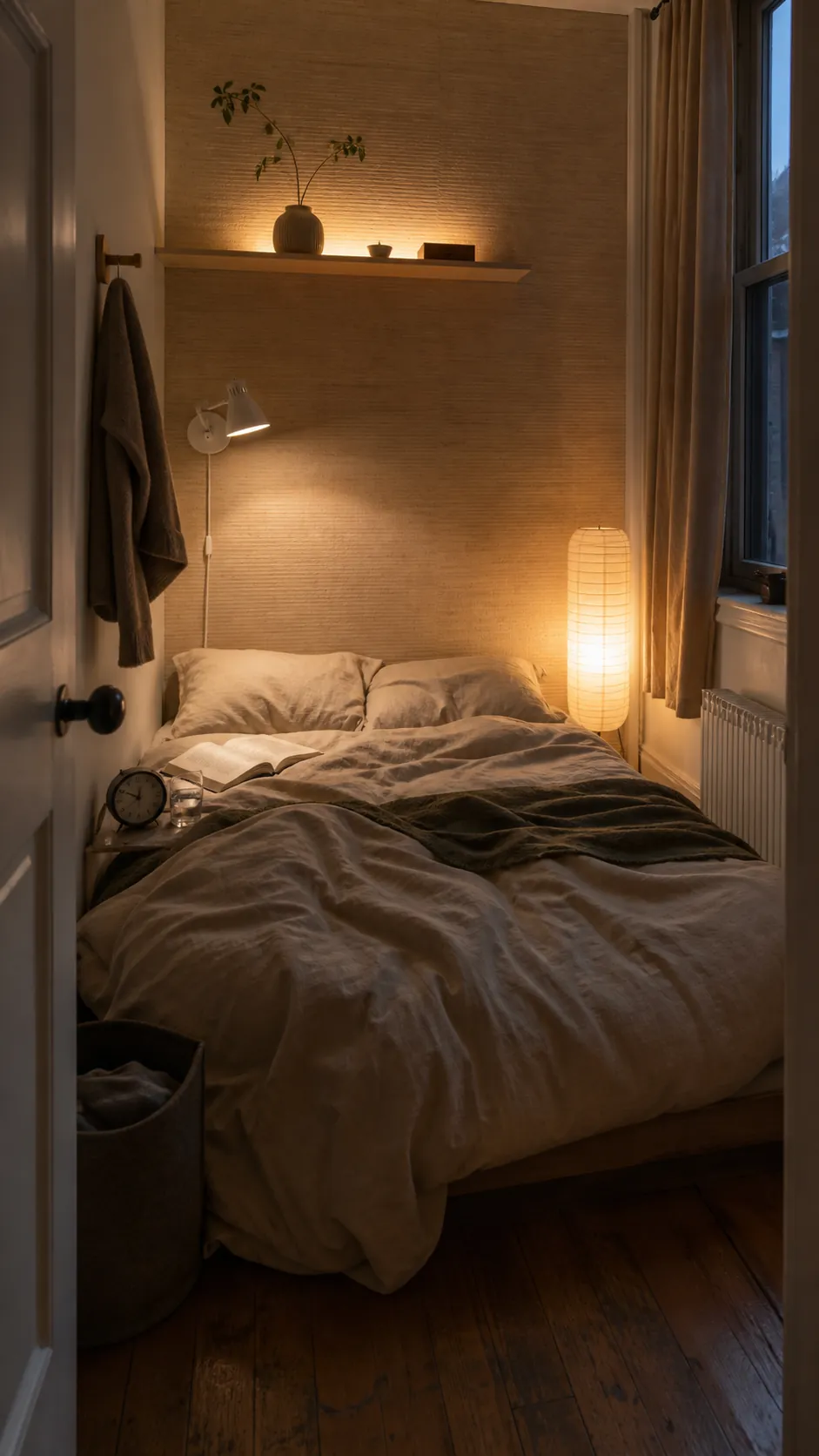 Layered ambient task and accent lighting in a small apartment living area