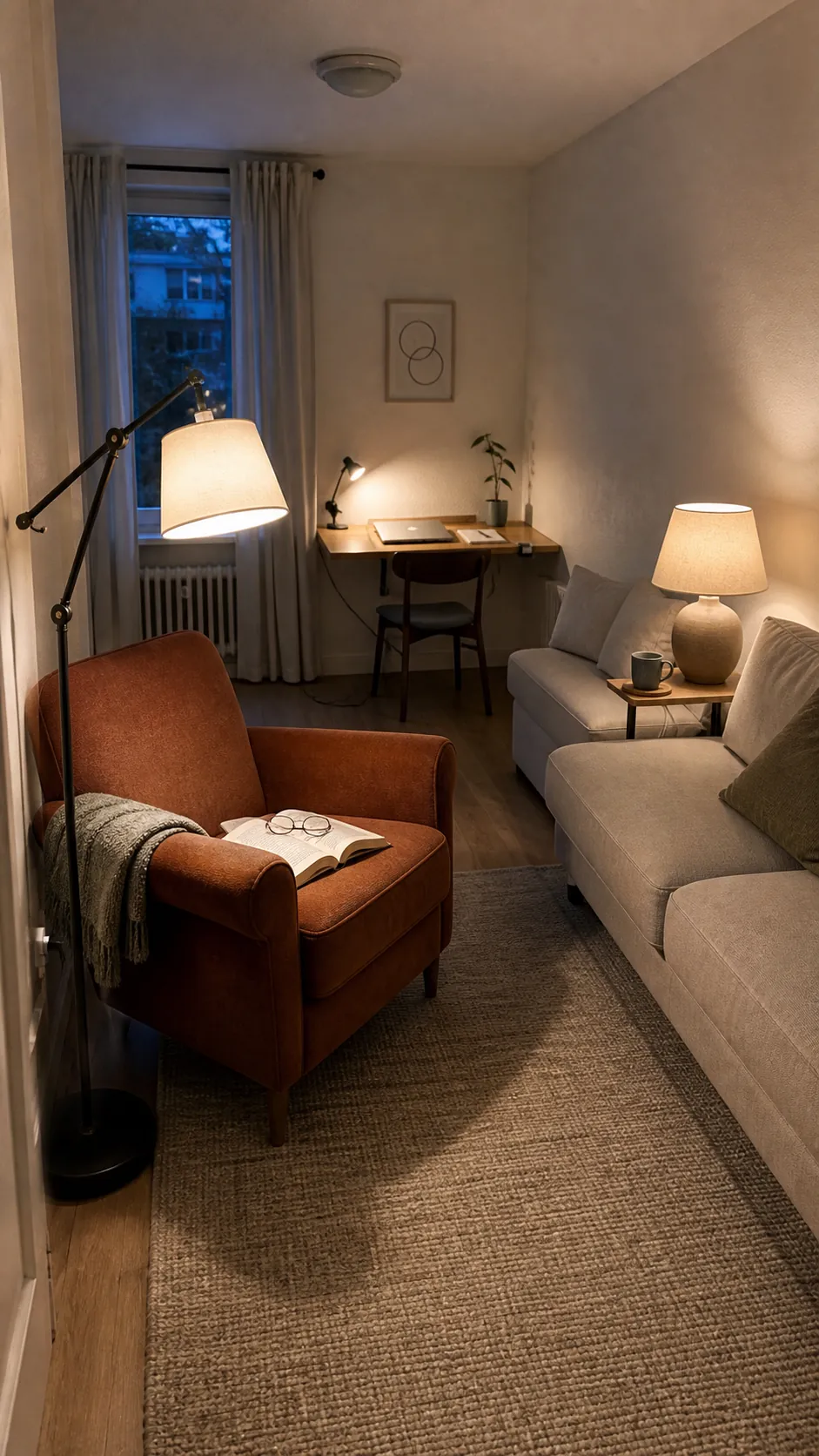 Compact living room with separate warm lighting zones for reading and relaxing