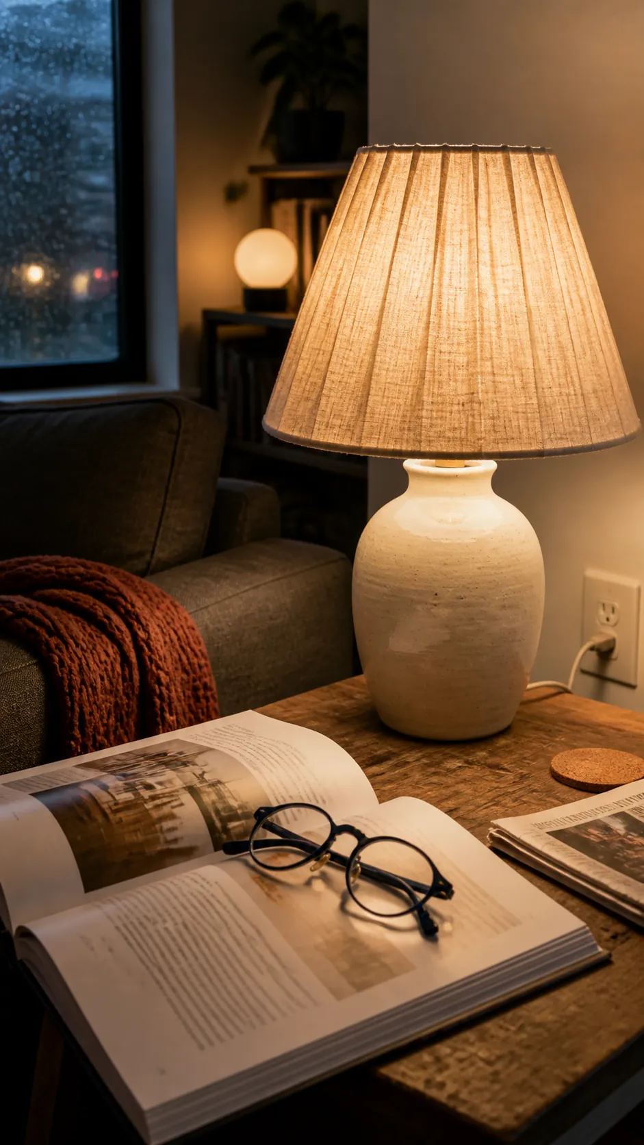Warm 2700K table lamp creating a cozy glow in a compact room