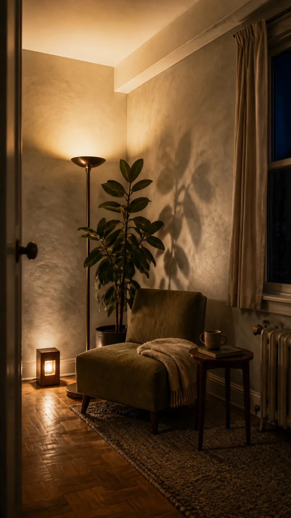 Floor lamp softly washing a wall and ceiling at the edge of a small living room