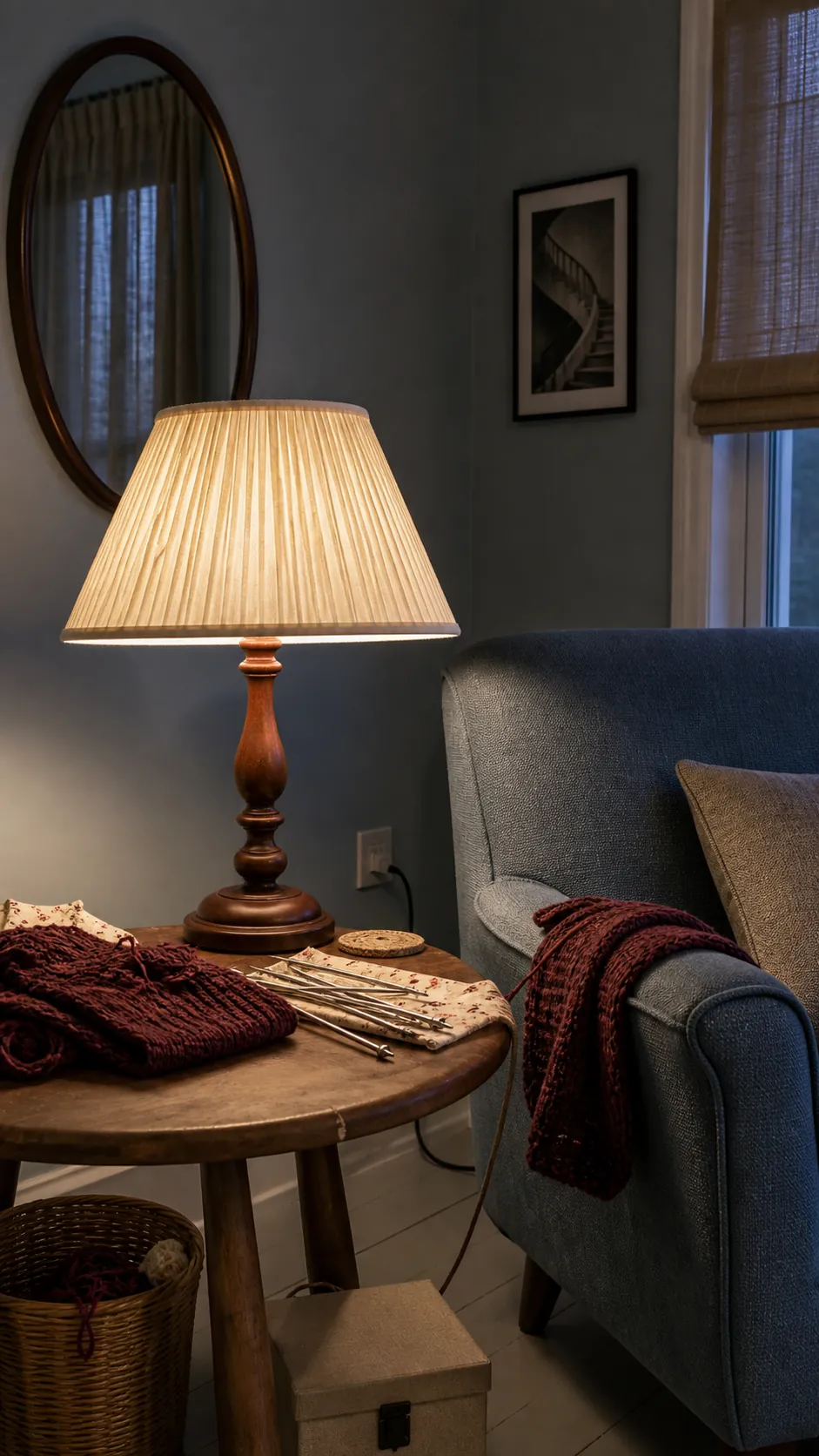 Linen lampshade diffusing warm light beside a chair in a small room