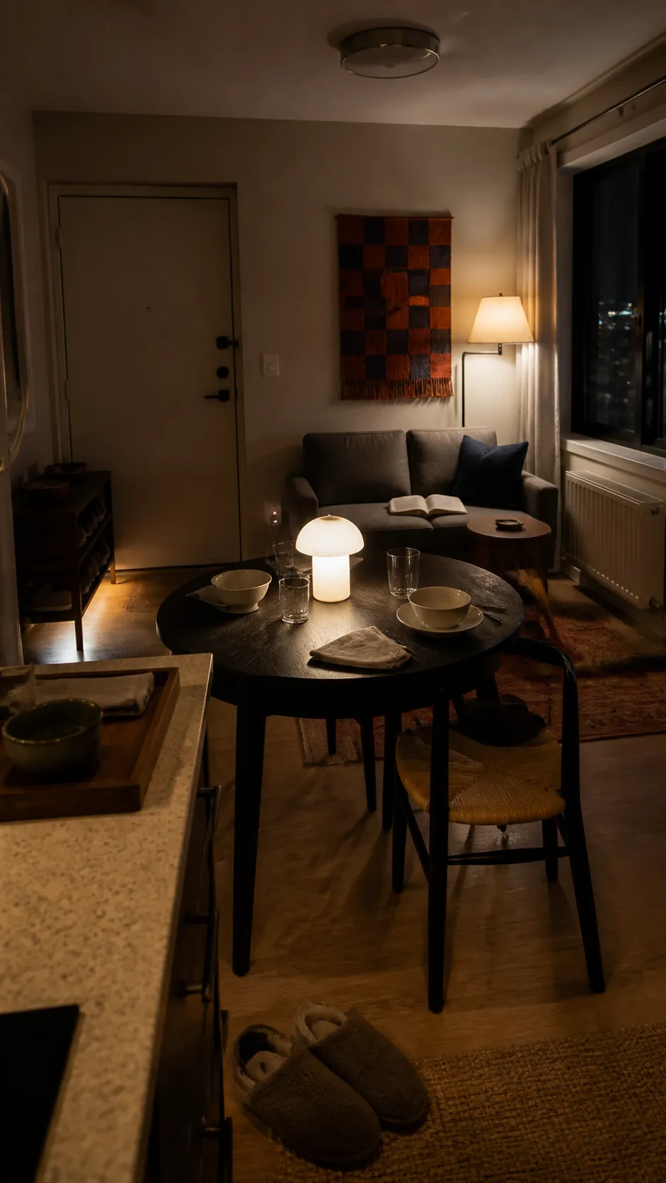 Small room set for evening with independently controlled warm lamps