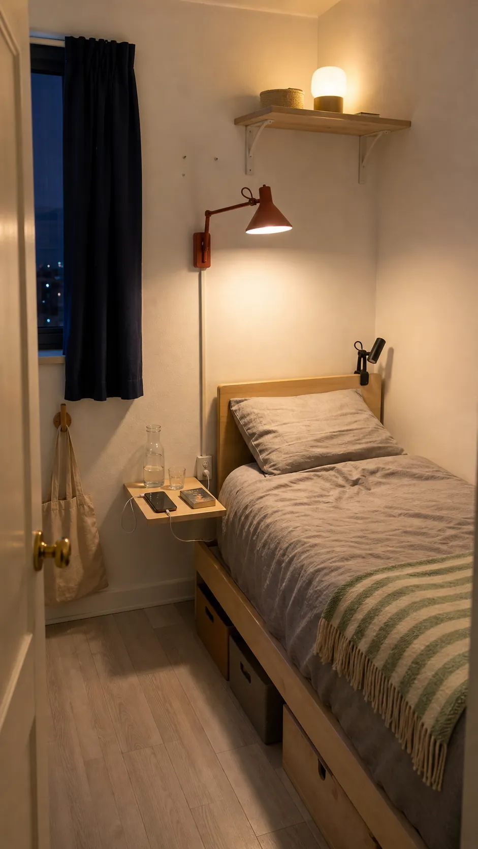 Renter-friendly wall and shelf lights saving space in a compact bedroom