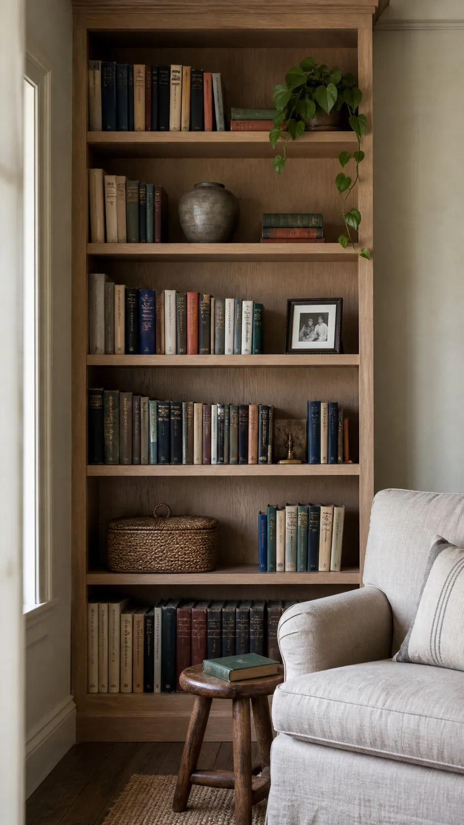 Calm styled bookshelf with books, meaningful decor, and open space