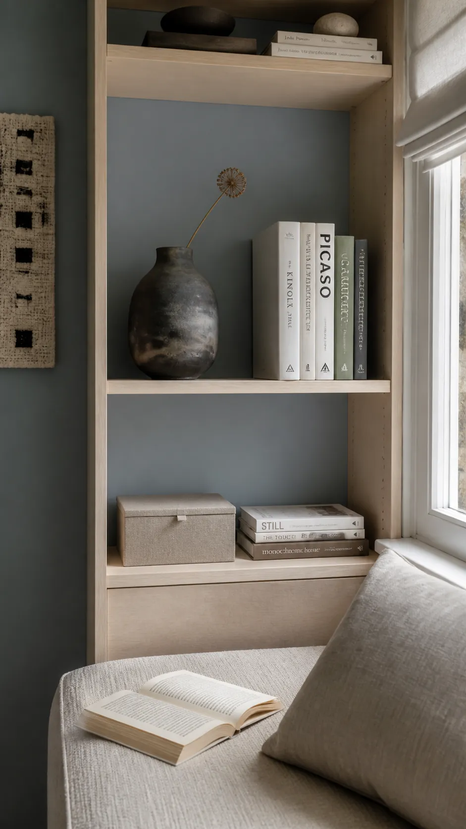 Clean home decor bookshelf using negative space around a ceramic statement piece