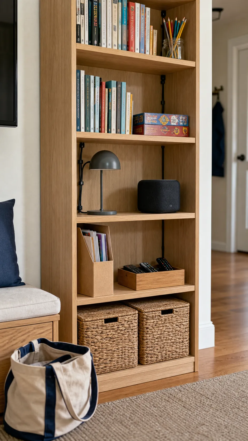 Shelf organization with concealed cords and practical storage baskets
