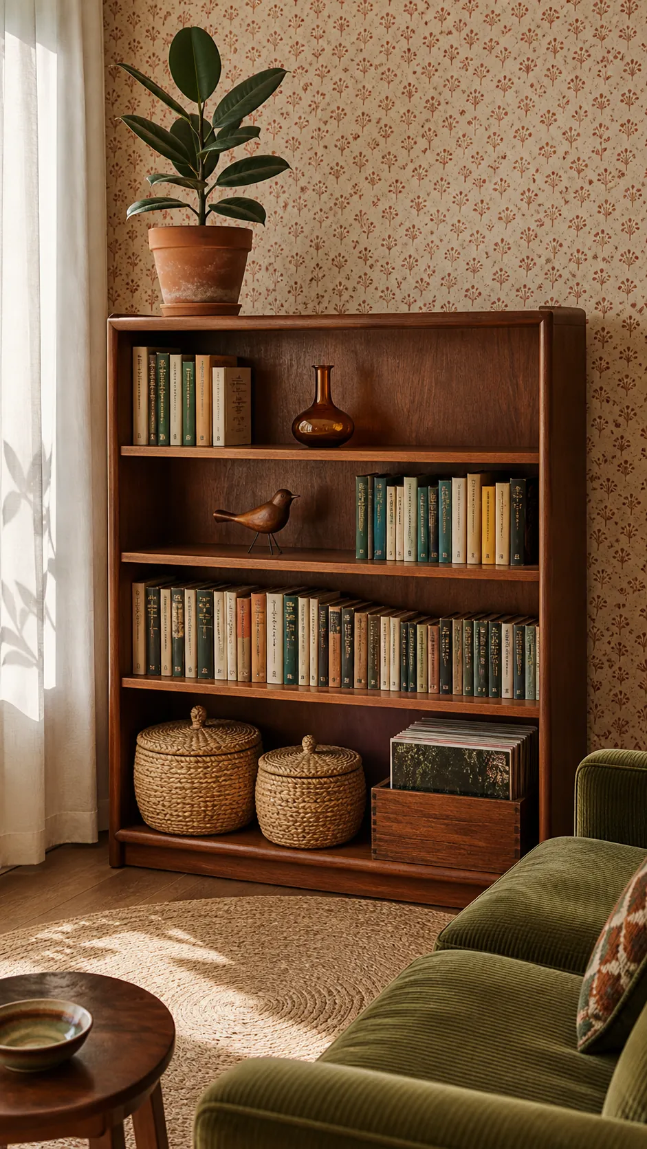 Balanced bookcase styling with one controlled plant and a clear top