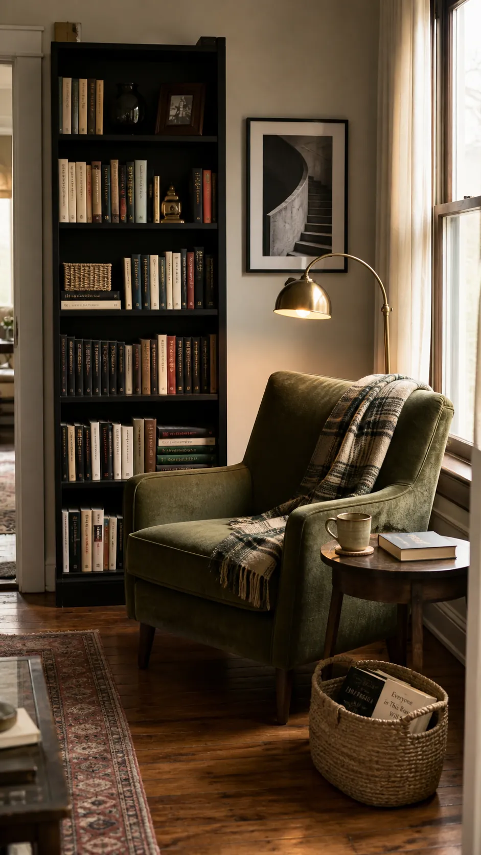 Cozy reading nook with bookshelf colors connected to the surrounding room