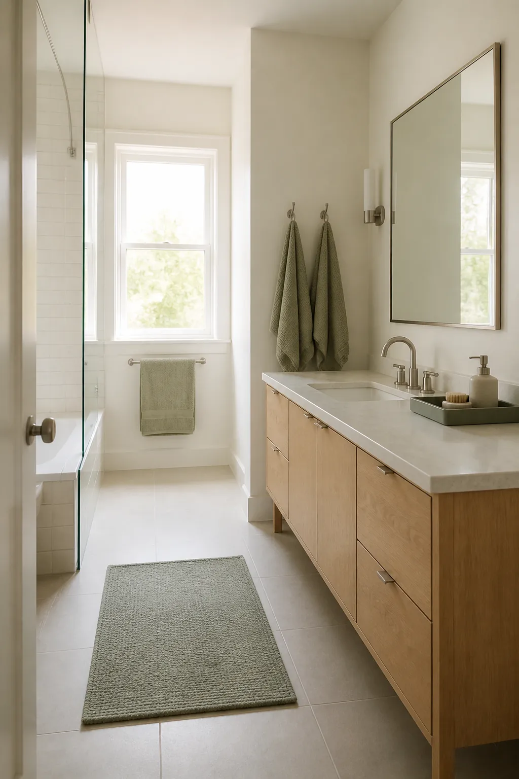 Pretty bathroom styled with practical easy-to-clean details