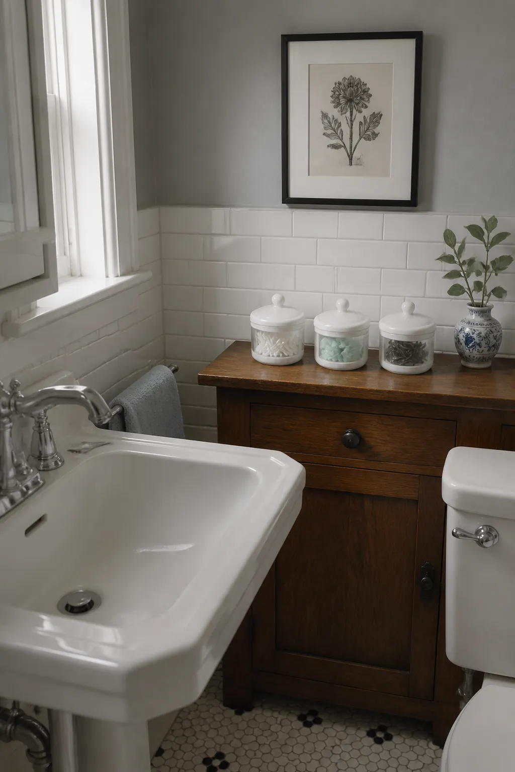 Practical bathroom storage using washable lidded containers