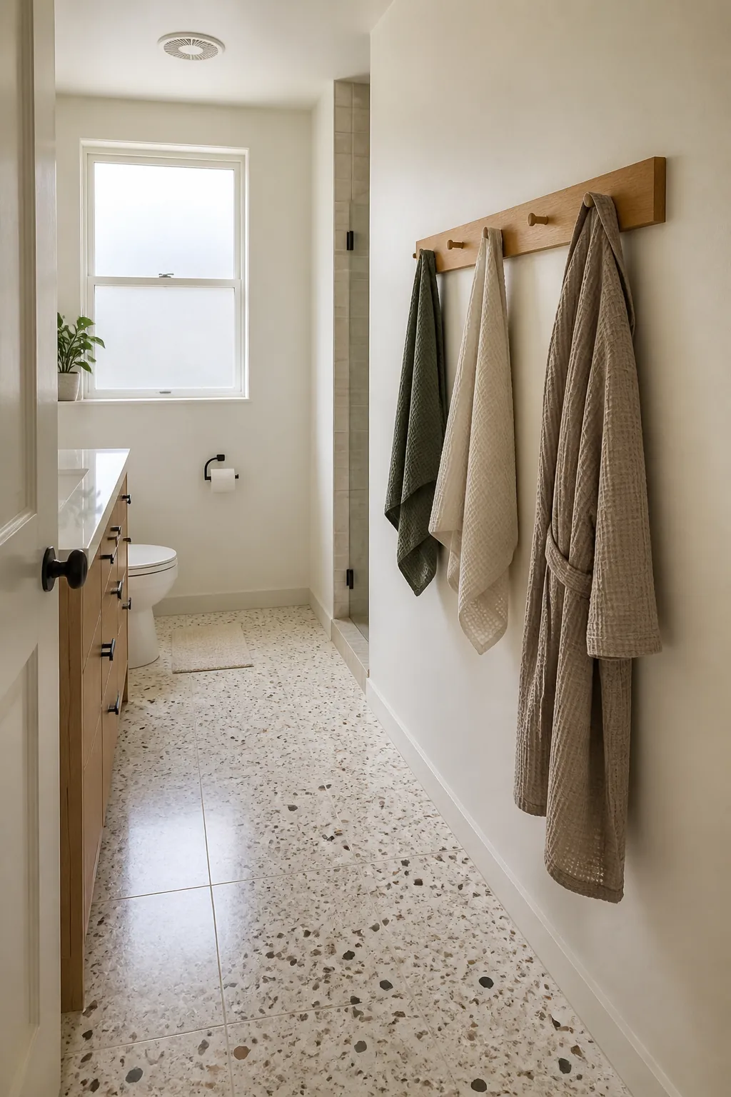 Clutter-free bathroom with simple wall hooks for towels and robes