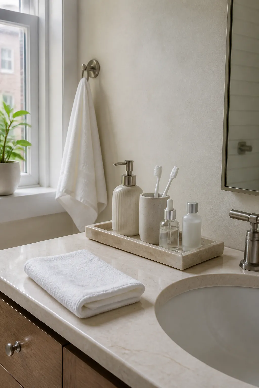Easy-clean bathroom vanity styled with one practical countertop tray
