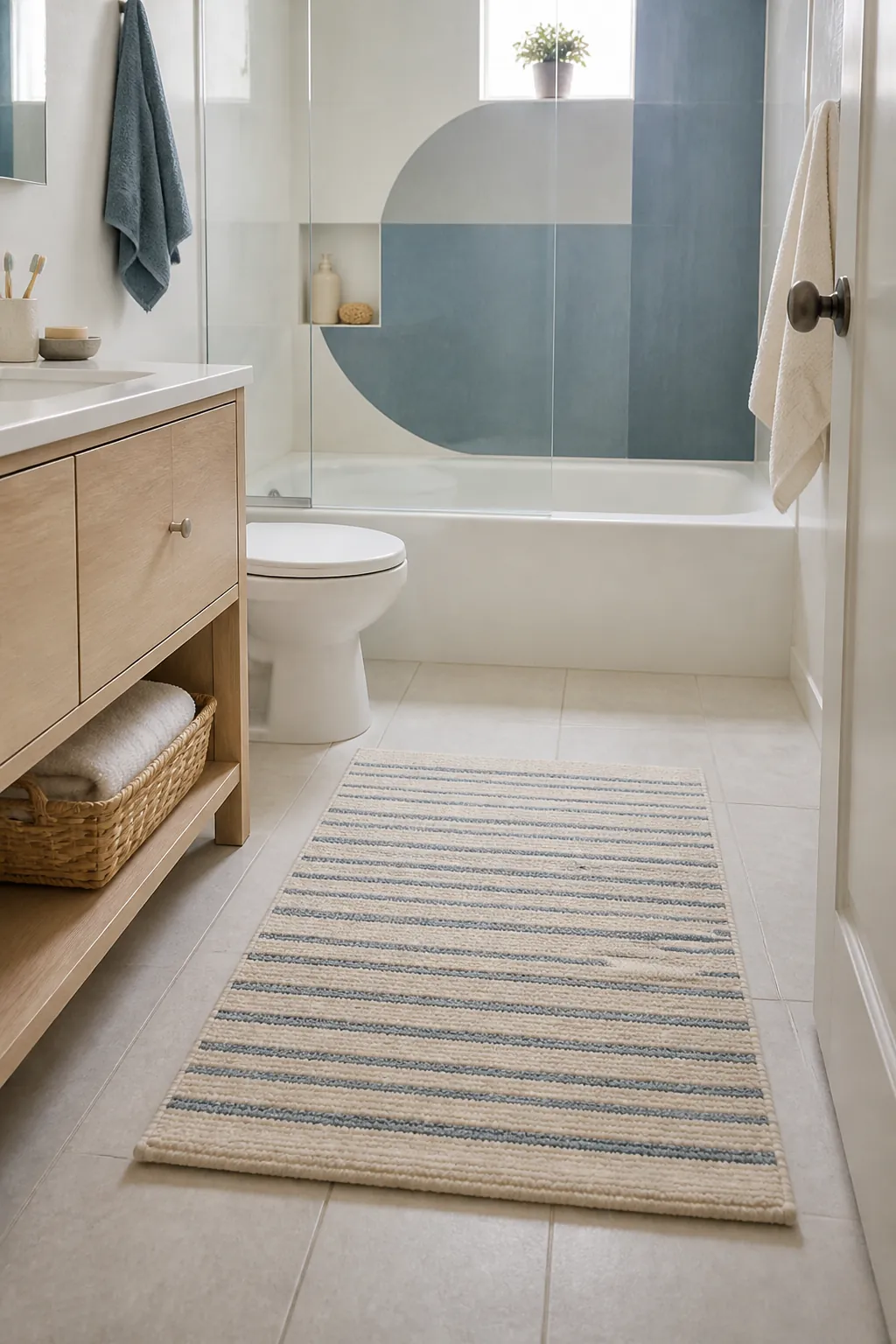 Natural bathroom decor with a low-pile machine-washable bath mat