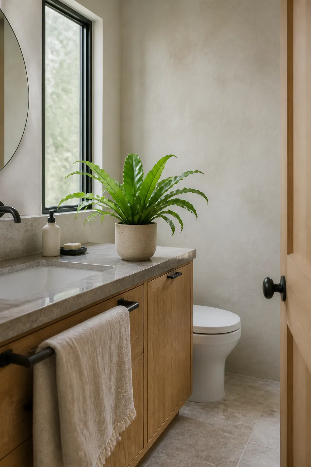 Natural bathroom styled with one easy-care humidity-tolerant plant