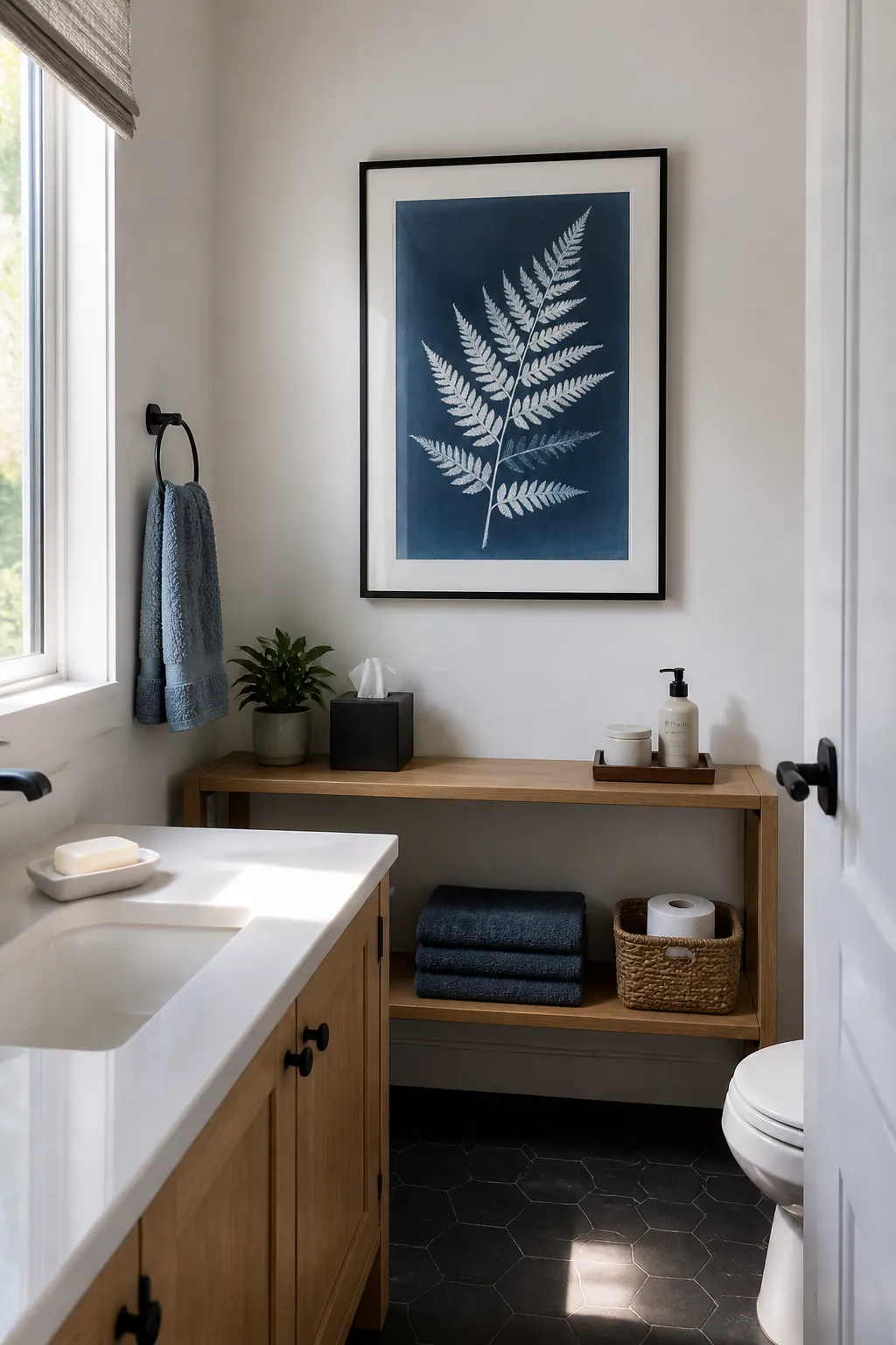 Guest bathroom styled with one protected framed botanical print
