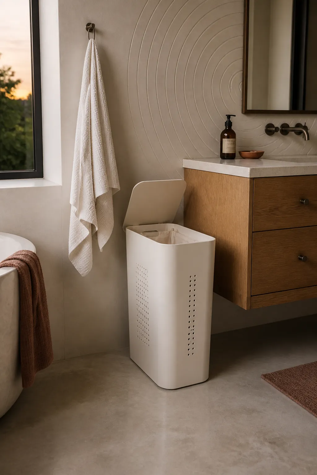 Pretty practical bathroom with a smooth lidded laundry hamper