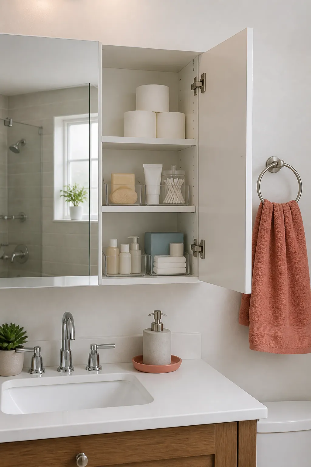 Clutter-free bathroom with organized backup toiletries inside closed storage