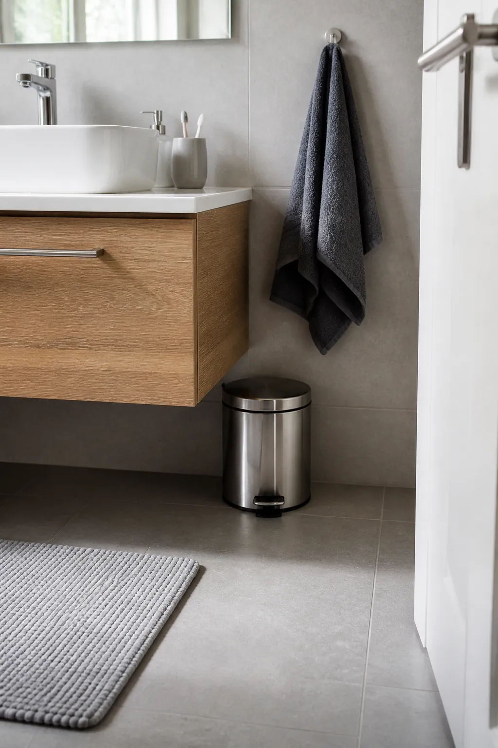 Easy-clean bathroom with a discreet smooth pedal waste bin