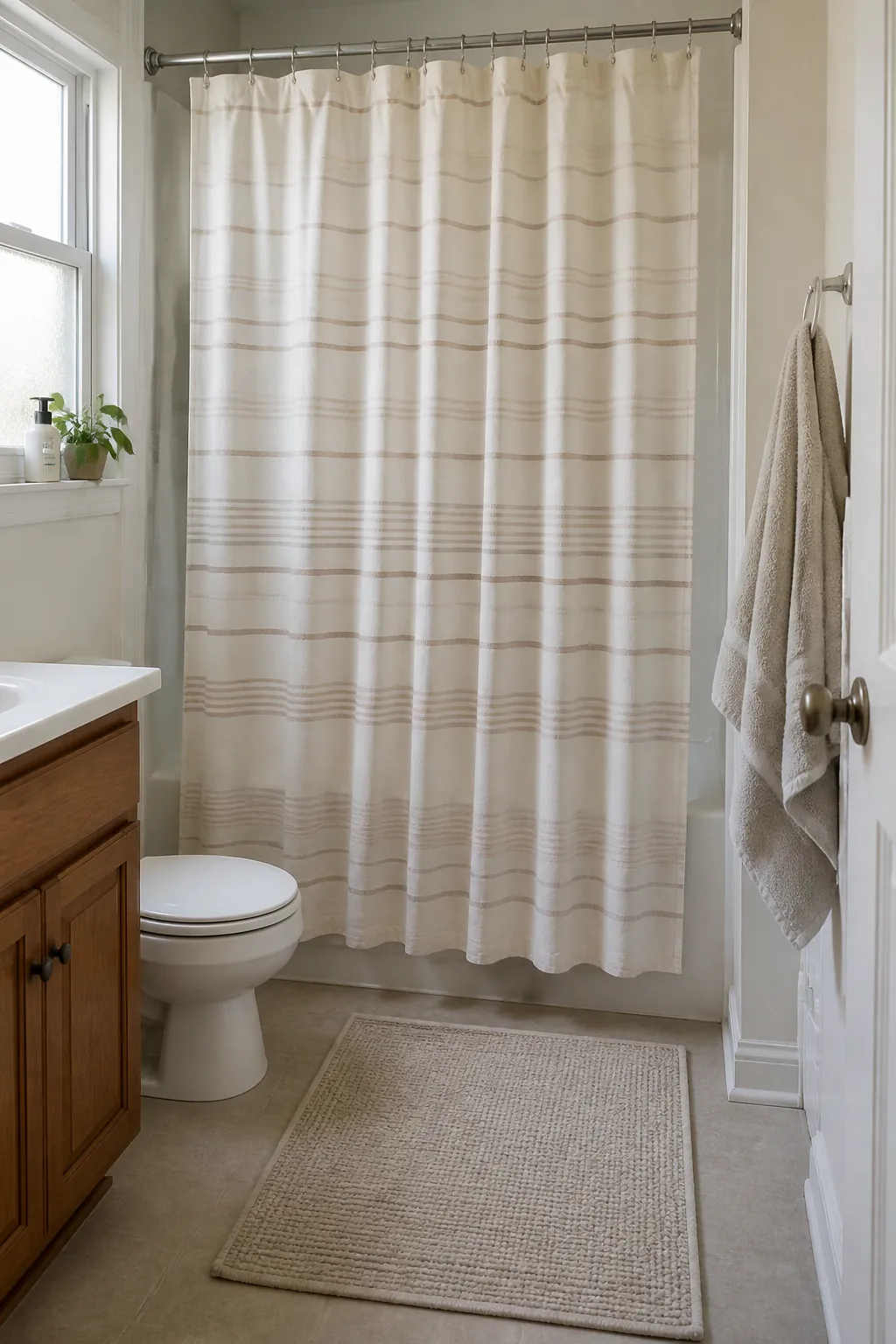 Rental bathroom with a simple machine-washable shower curtain