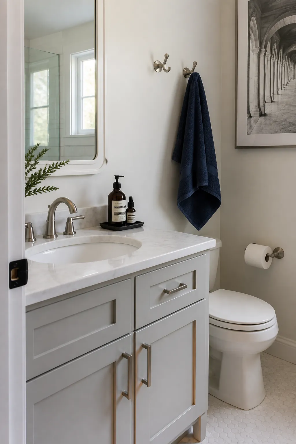 Bathroom decor unified by a simple repeated brushed metal finish