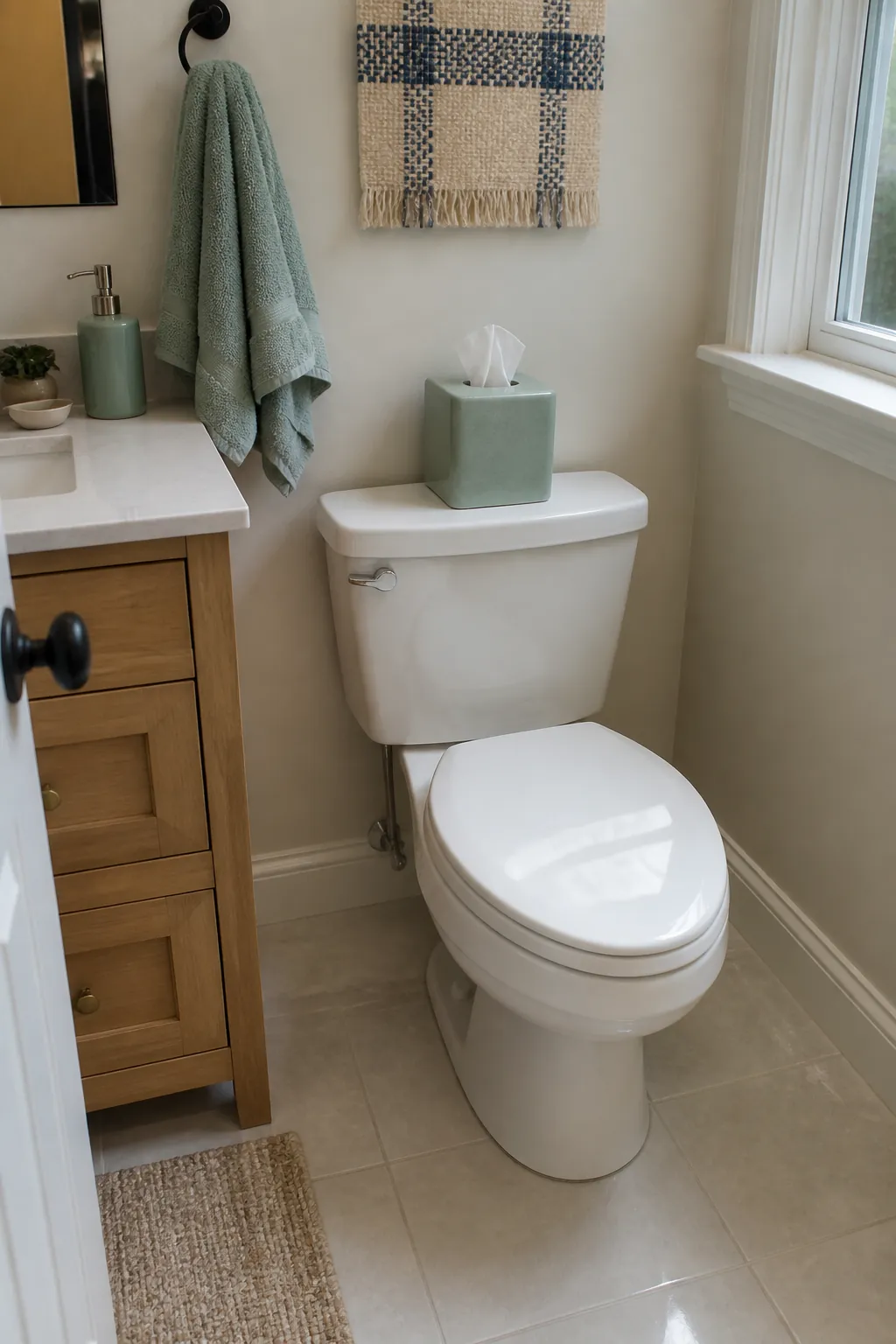 Guest bathroom with a nearly clear and easy-to-wipe toilet tank