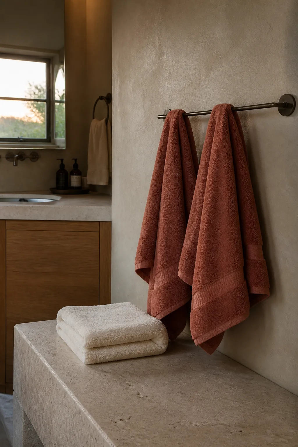 Spa bathroom using washable towels as the main color accent