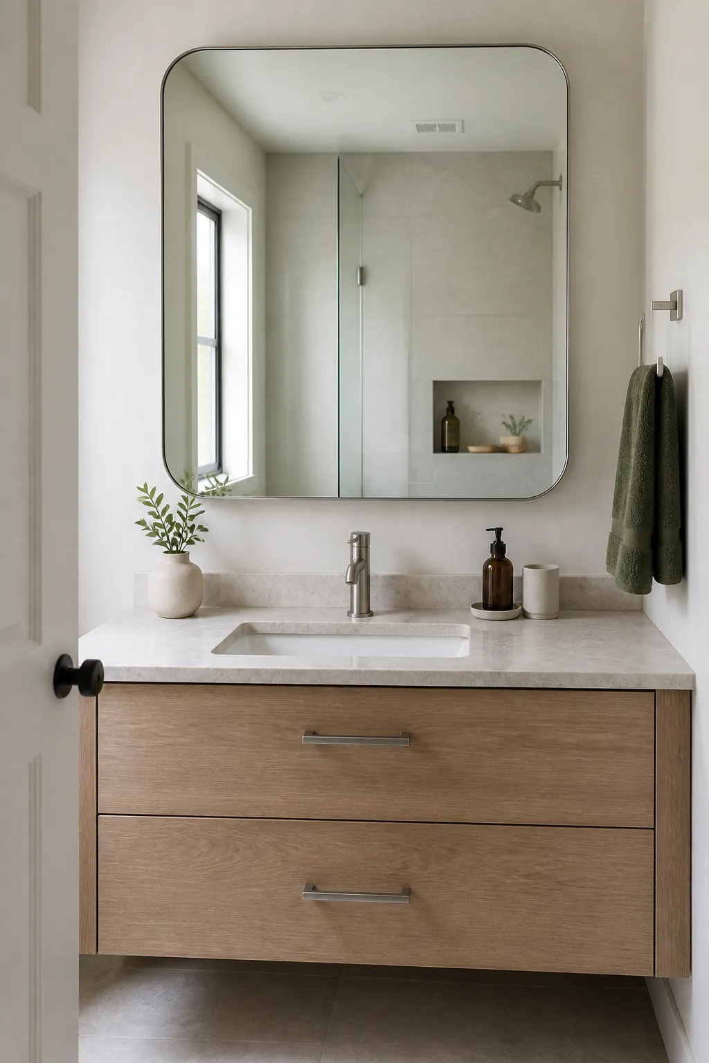 Natural bathroom decor with a large plain-profile mirror