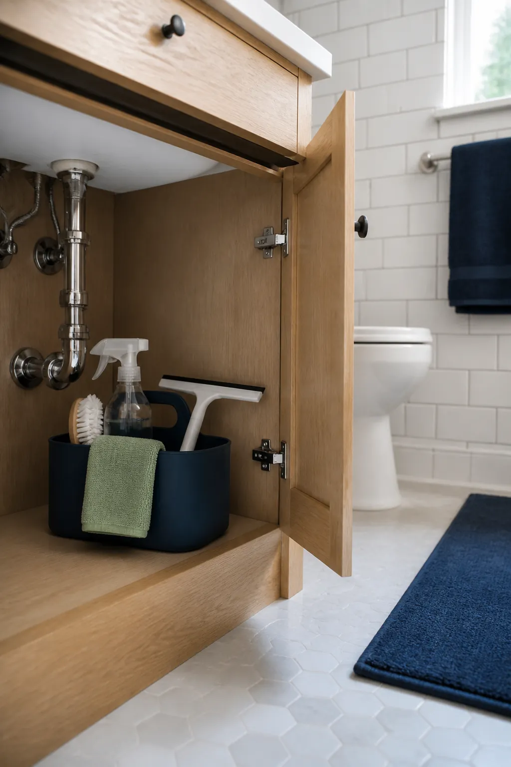 Organized bathroom cleaning station stored neatly inside a vanity