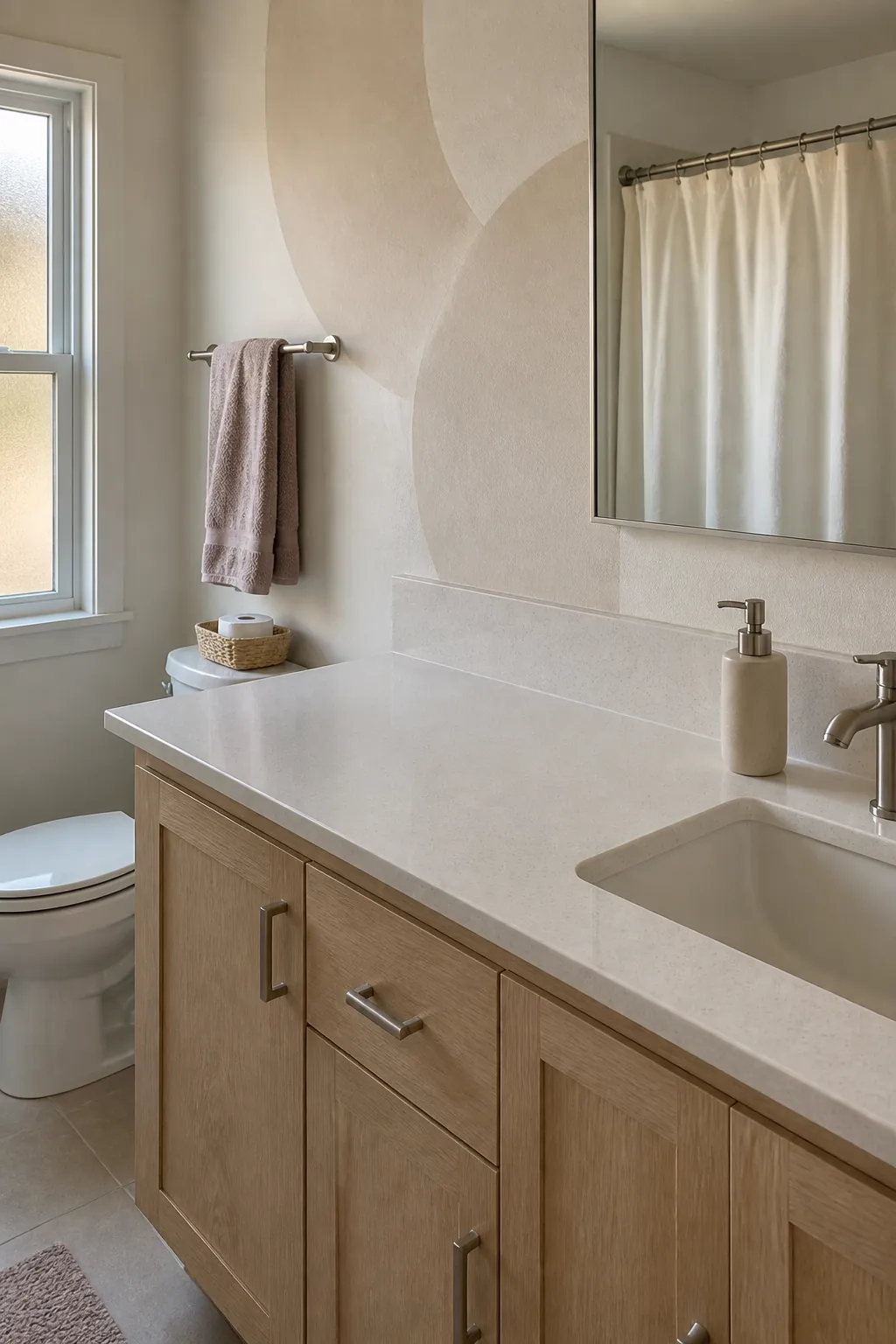 Pretty bathroom vanity with one intentionally empty easy-clean surface
