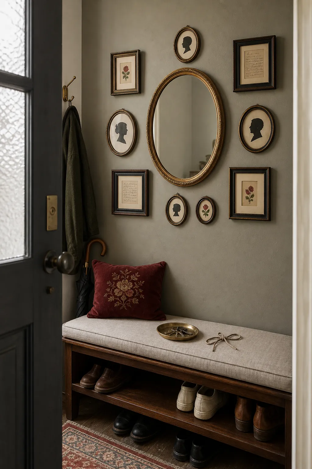 Oval mirror surrounded by a relaxed grouping of small picture frames