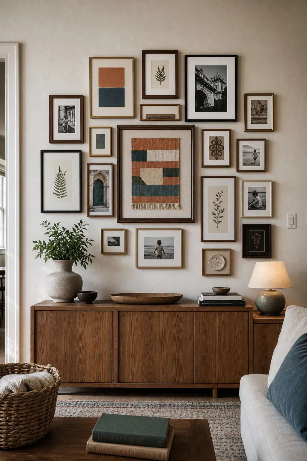Mixed picture frame grouping ideas arranged as a cohesive gallery wall