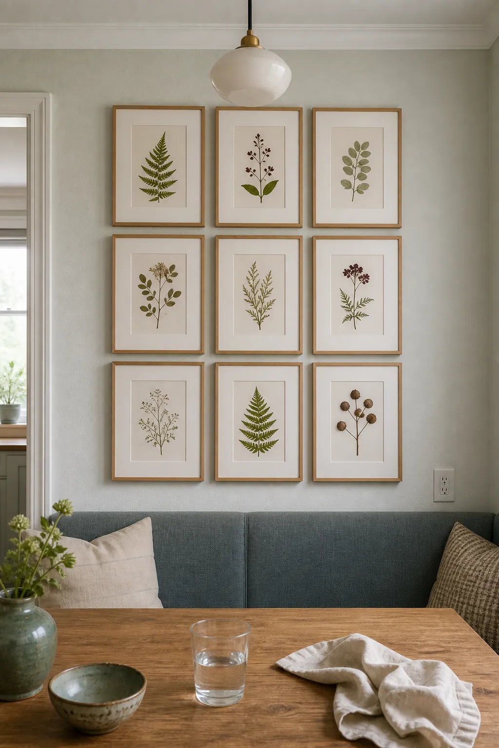 Neat three by three picture frame grid with matching mats