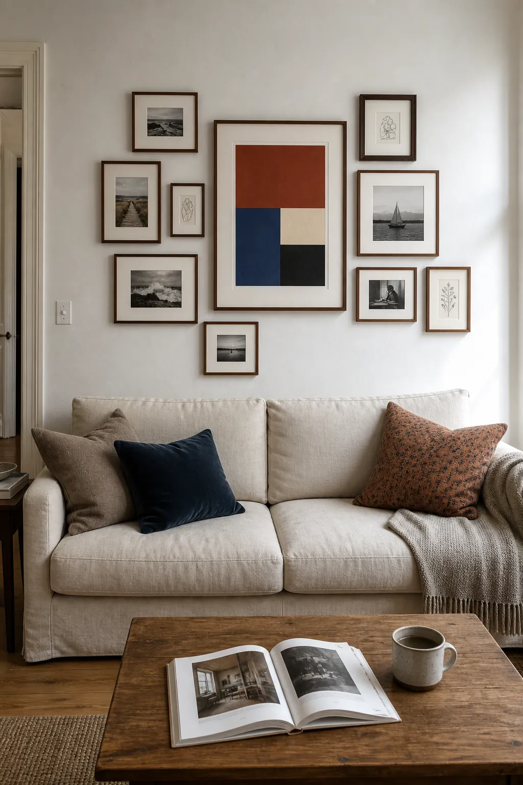 Picture frame grouping built around one oversized anchor print