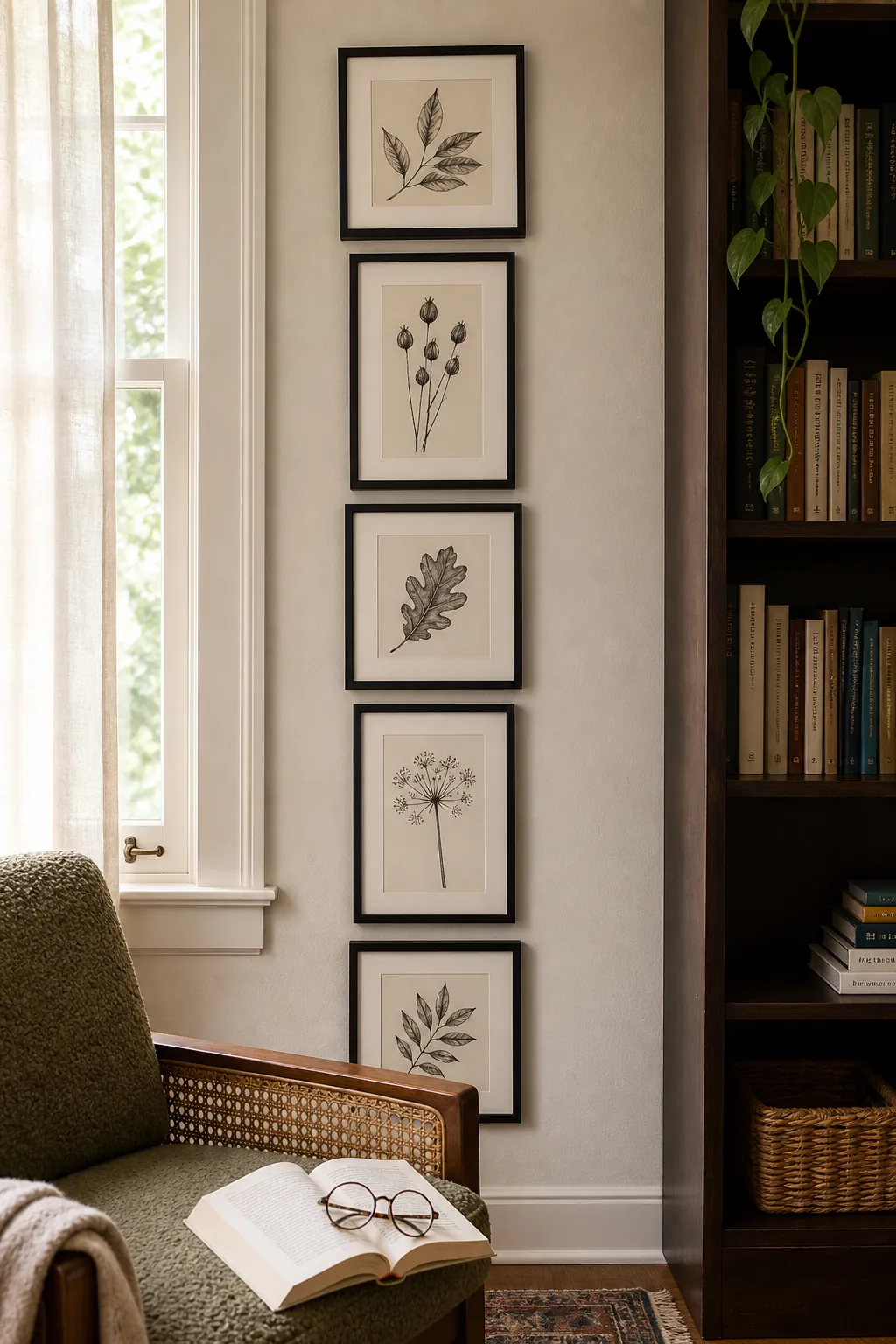 Narrow vertical column of picture frames between architectural features