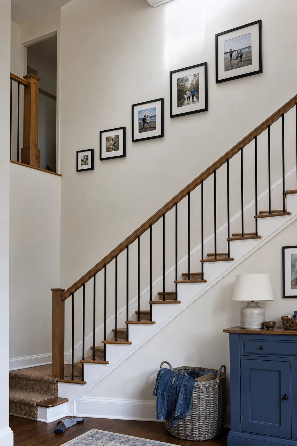 Picture frame grouping following the upward rise of a staircase
