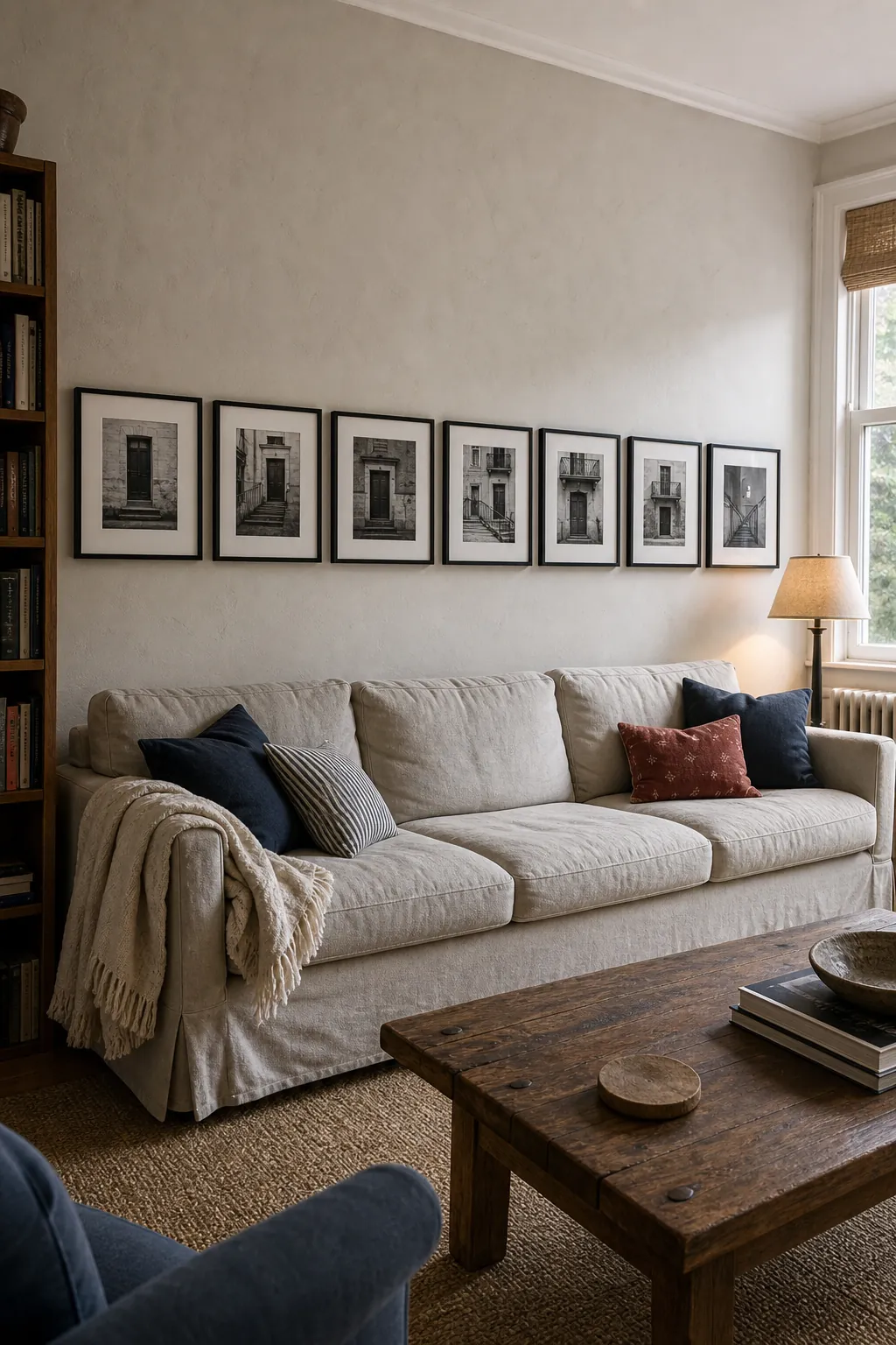 Low horizontal picture frame band arranged above a sofa