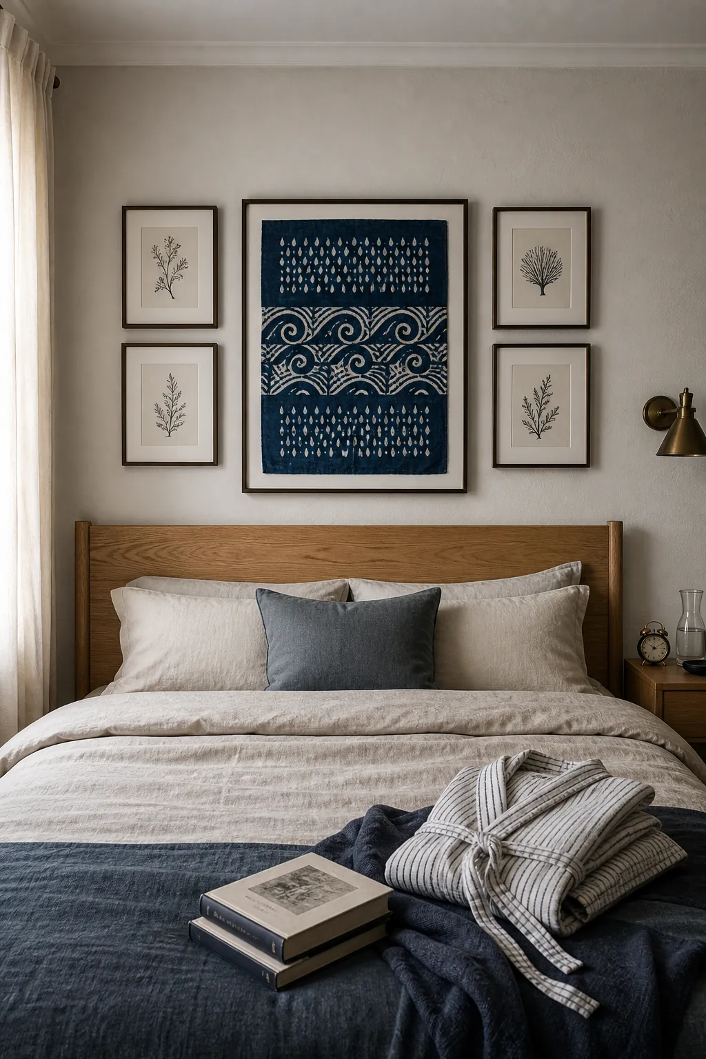 Symmetrical paired picture frames arranged around a centerpiece
