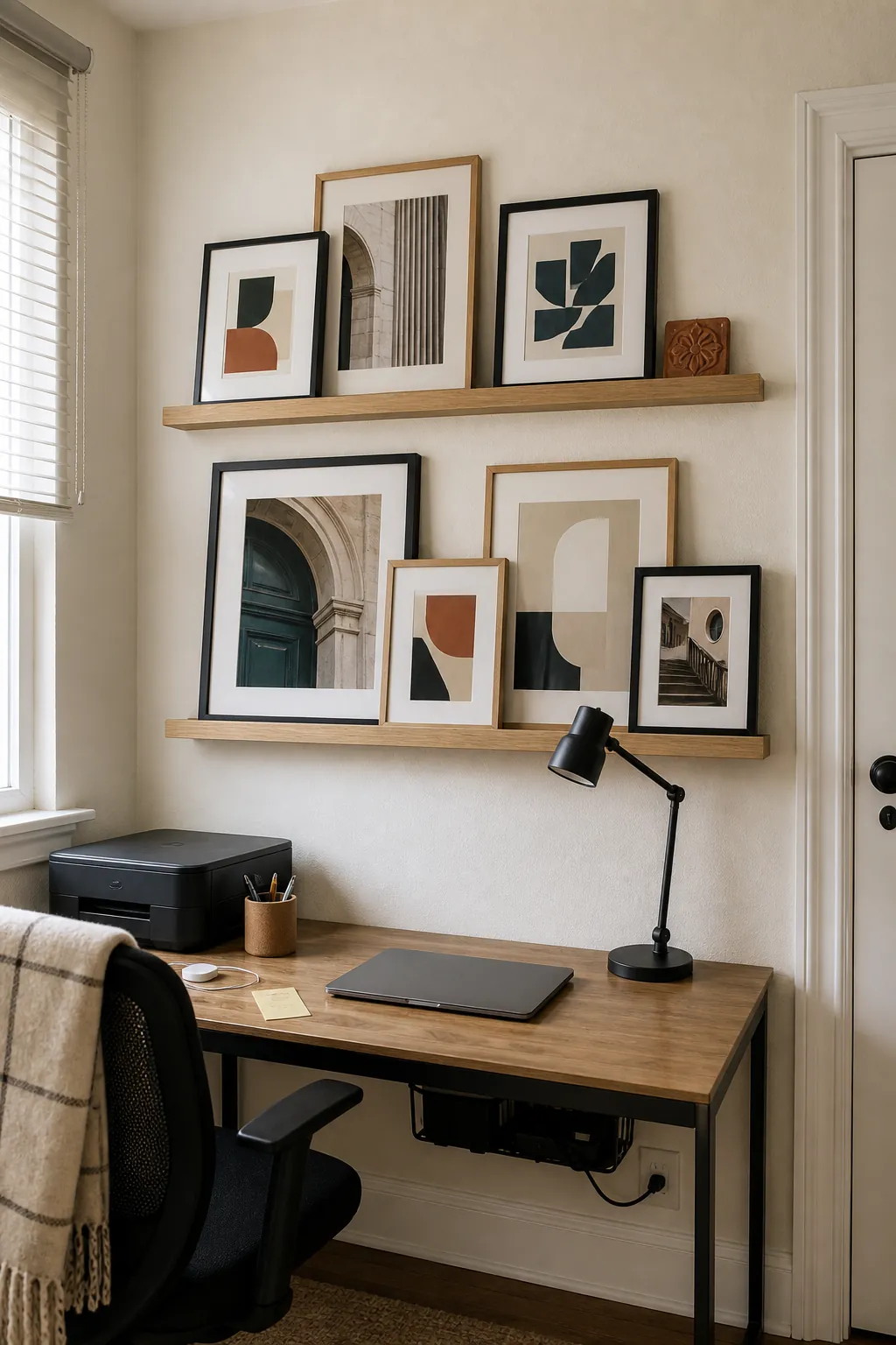 Layered picture frames displayed on two slim wall ledges