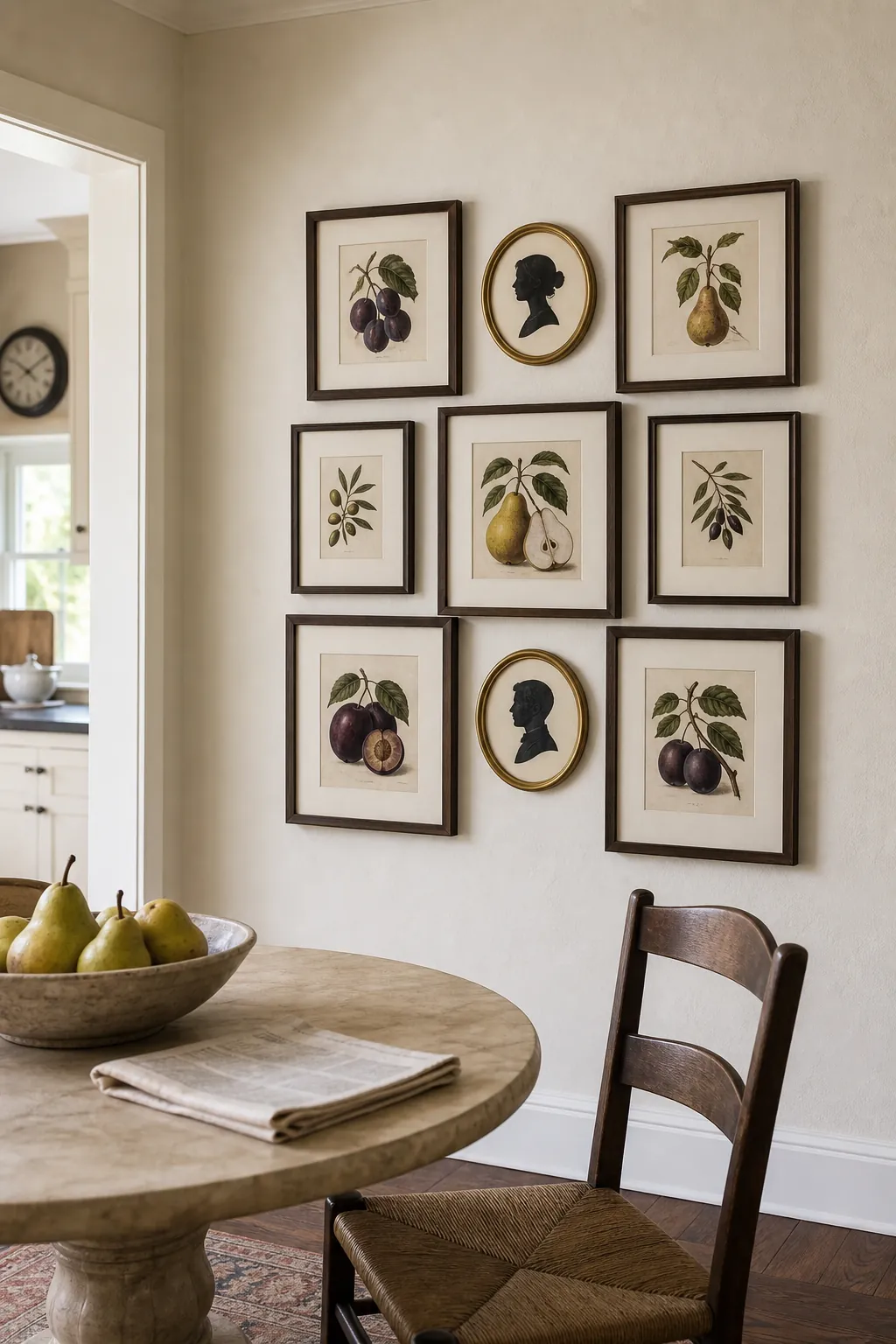 Circular frames mixed into a balanced rectangular gallery layout
