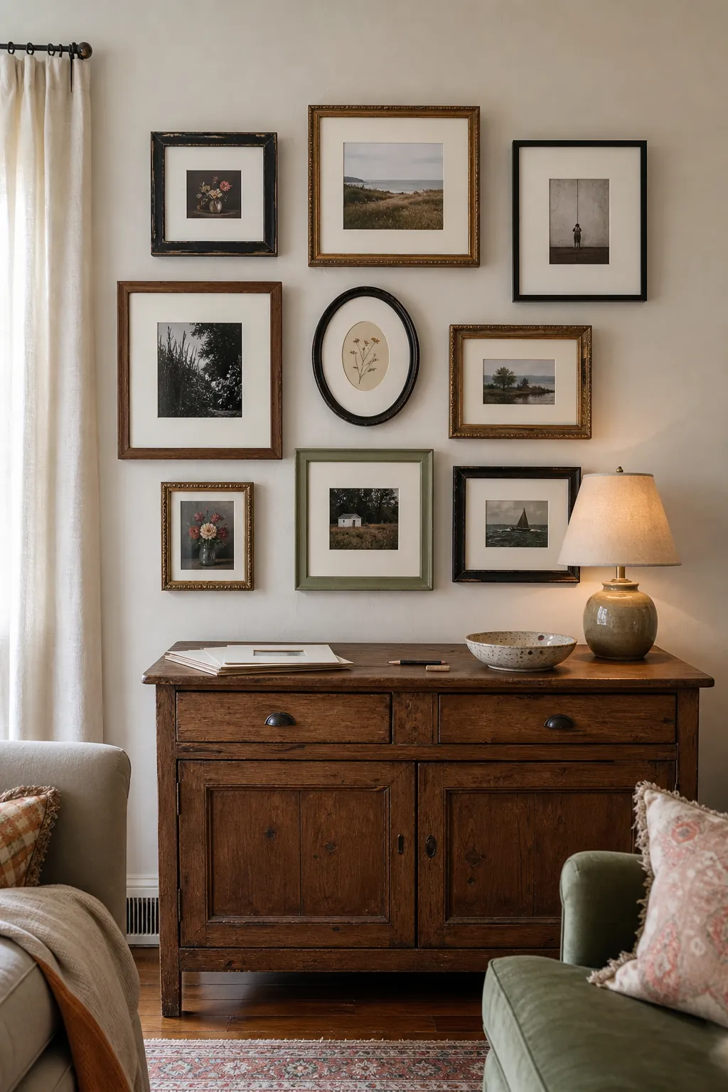 Mismatched picture frames unified with consistent warm white mats